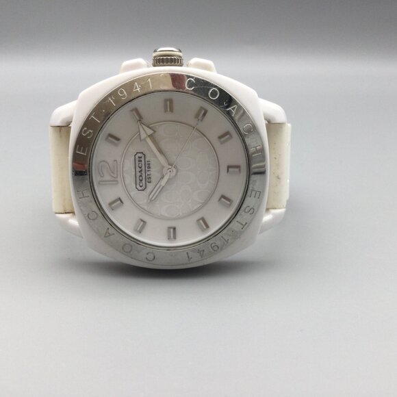 Coach Watch Women 42mm Silver Tone Logo Dial White Band New Battery main image 8